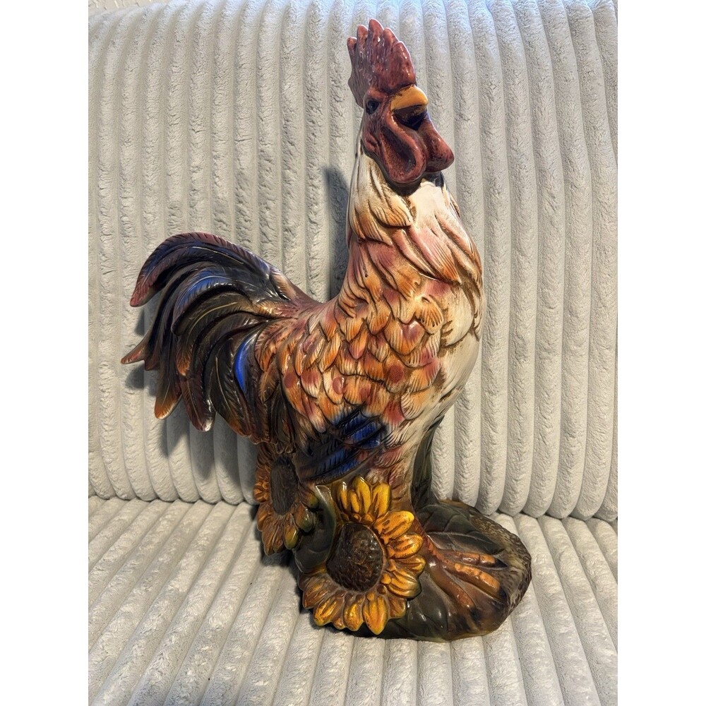 Massive 19" Ceramic Rooster Figurine Sunflower Base French Country Decor